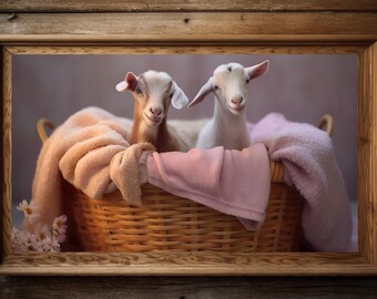 Puede incluir: Dos cabras bebés, una blanca y otra marrón, están sentadas en una cesta de mimbre forrada con mantas rosas y melocotón. Las cabras miran a la cámara.