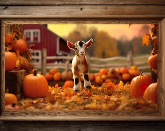 Baby goat wall art, fall farmhouse decor, autumn rustic decor, farm animal lover gift, cozy photography, pumpkin print