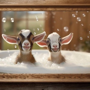 Adorable Kids in Bubbles print, baby goats wall art, farmhouse decor, farm decor, bathroom decor, goat portrait, gift for goat lover