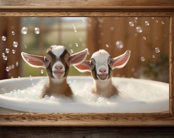 Puede incluir: Dos cabras bebés con caras blancas y cuerpos marrones están sentadas en una bañera blanca llena de burbujas. Las cabras están sonriendo y mirando a la cámara. Gotas de agua caen del techo.
