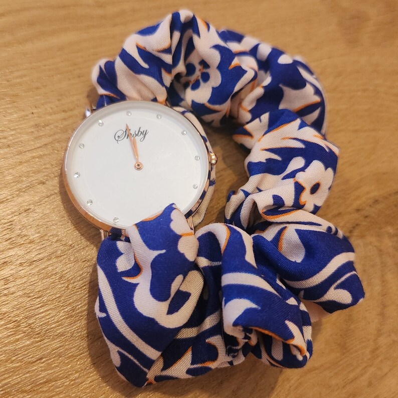 Montre femme, montre tissu, montre chouchou, scrunchie bleu roi