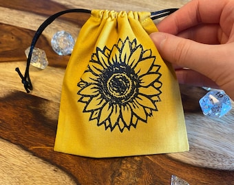 Mini bolsa de dados con diseño de girasol para juegos de mesa y TTRPGS - Cosida e impresa a mano