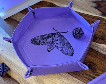Bandeja de dados de polilla halcón calavera para juegos de mesa y TTRPGS - Cosida e impresa a mano