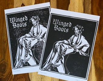 Póster de Botas Aladas - Impresión en linóleo inspirada en Leyendecker de D&D - A4