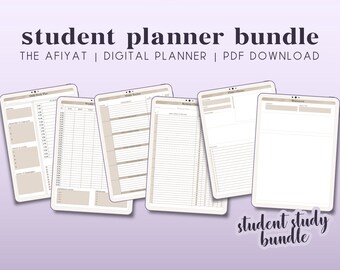 Puede incluir: Un paquete de planificador de estudiantes sobre un fondo púrpura. La imagen presenta varias páginas de planificador digital con varios diseños, incluidas secciones de planificación diaria, semanal y de proyectos. El texto incluye "student planner bundle".