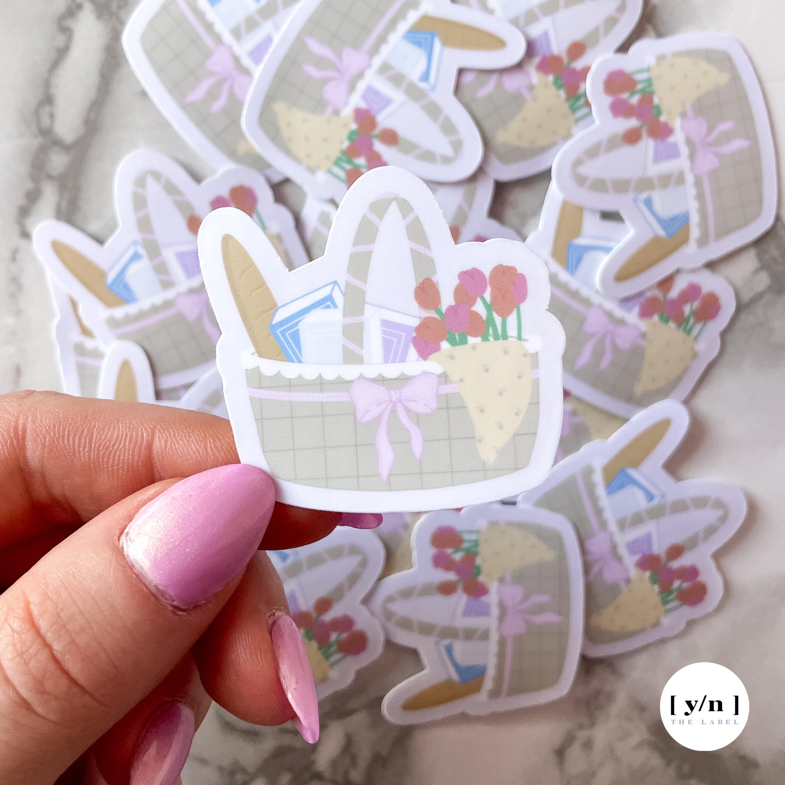 Spring Book Picnic Basket Stickers | Coquette Spring Tulips Stickers | Picnic Basket Sticker for Laptop, Water Bottle, Kindle, iPad