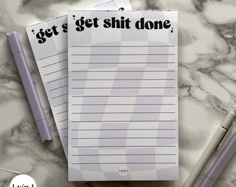 Purple Checkered Get Shit Done Notepads, Medium Sized (5.5 x 8.5), 50 Sheets, Productivity & Organization Memo Pad | Cute Stationary