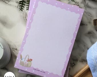 Spring Picnic Basket Notepad | Lavender Purple Polka Dot Desk Pad Stationary