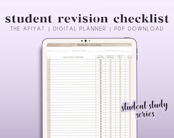 May include: A digital printable student revision checklist with a beige background. The checklist includes sections for midterm date, final date, main topics to review, notes written, need to review, kind of get, and fully read. The checklist is titled "Revision Checklist" and is part of a "student study series".