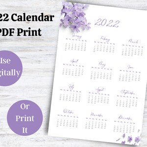 2022 Jahreskalender Printable, 2022 Digital Download, 2022 Kalender Lila Blumen, 2022 Kalender Wanddruck Poster, Jahresübersicht