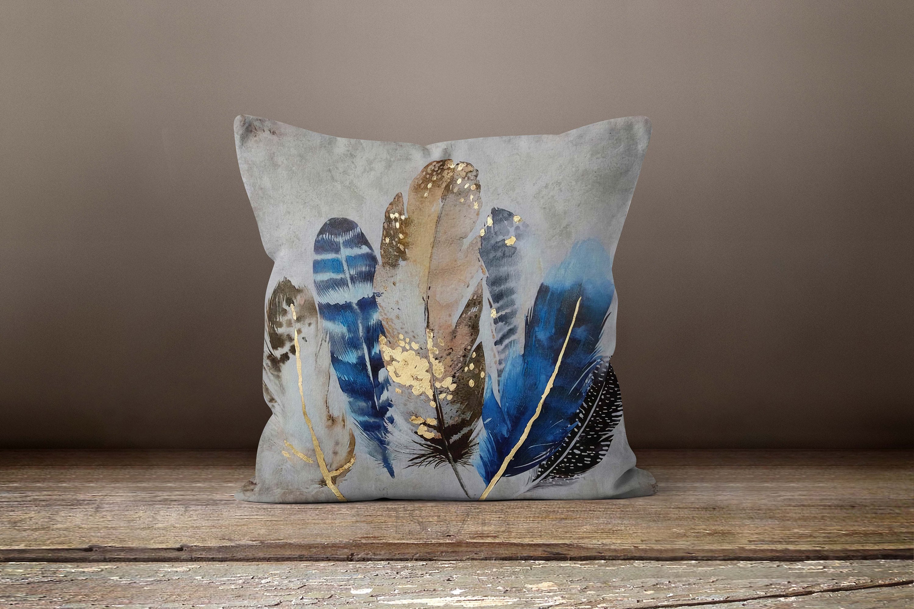 Feather Printed Pillow Covers Blue Feather Pillow Cover Etsy