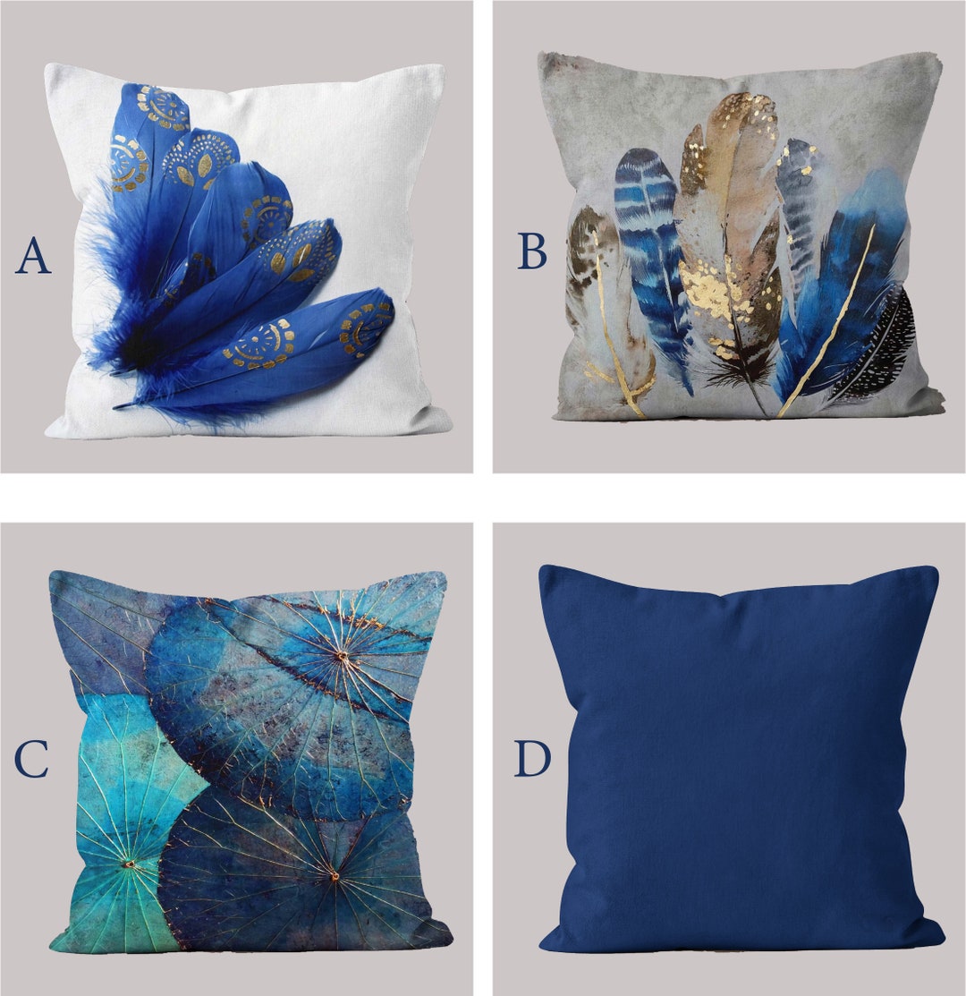 Feather Printed Pillow Covers, Blue Feather Pillow Cover, Decorative