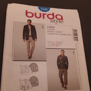 Menswear unused sewing Pattern by Burda Style. Sports Jacket with short lining sizes US 34-44, European  44-54.  Veston Chaqueta Sportscoat