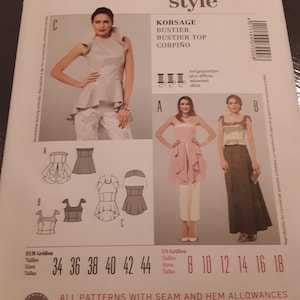 Cartamodello per cucire da donna Burda Style 7000, top bustier, 3 varianti, taglie 34-44 europee e 8-18 americane. MAI USATO. Tessuti in raso, taffetà, crêpe.