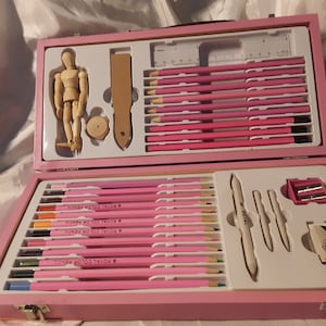 Sketching & Drawing Set for Beginners w moveable figurine and pink carry case, Royal color pencils and assorted tools, most still in wrapper