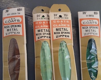 Zipper Lot from Coats and Clark, 4 metal zippers in varying sizes and colors, unopened, in Nile Green 24" (x2), Hunter Green 20" & Tan 18".