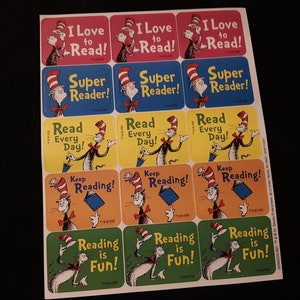 one lot of 8 sheets, Dr. Seuss Cat in the Hat reading encouragement stickers,  90 stickers total