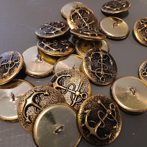 Vintage Nautical Anchor Buttons, Lot of 20, Goldtone with shank anchor with rope