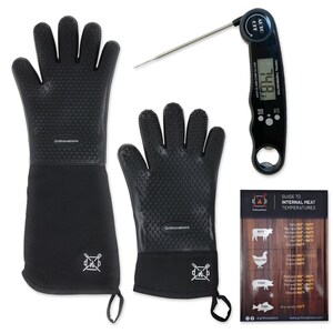 Bundle Grilling Digital Thermometer Plus Long and Short Sleeve Grill Gloves. Fast Lecture, with Magnetic Temperature Guide and Bottle Opener