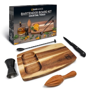Mixing Bar Set Cocktail Kit by BARHANCE | Bar Tools Cocktail Set with Bar Jigger, Cutting Board, Citrus Reamer, Mixing Spoon, Knife