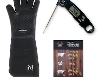 Duo Pack Instant Read Food and Meat Digital Thermometer and Grilling Glove. Auto-Off Feature and Backlight Function. Grilling Guide Included
