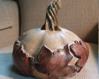 Handbuilt Ceramic Pumpkin with Leaf Details