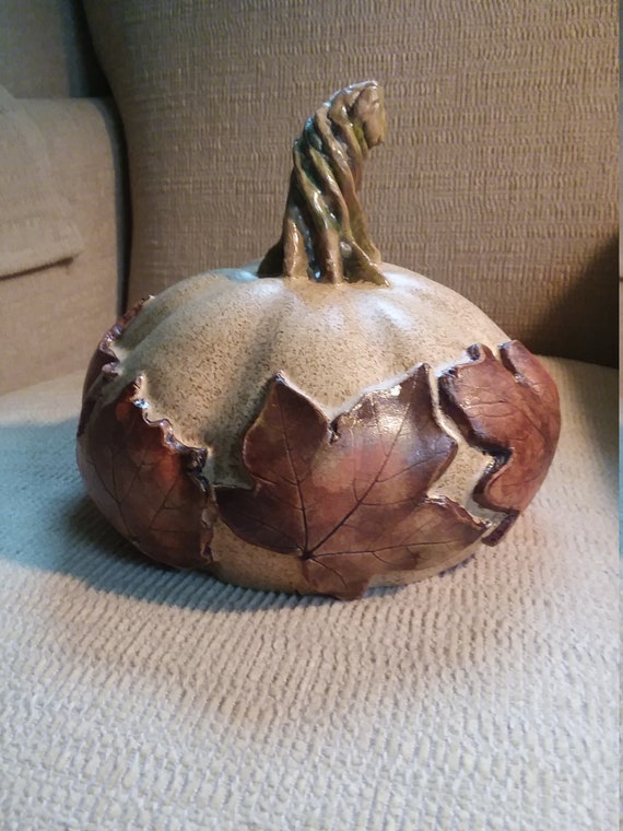 Handbuilt Ceramic Pumpkin With Leaf Details - Etsy