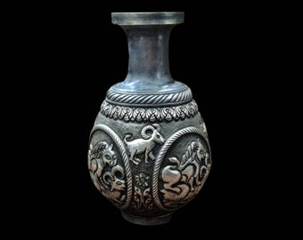 Antique Silver Vase, Antique Persian Semi-embossed Repousse Silver Vase, Antique ancient figured Persian silver vase, antique silver vase