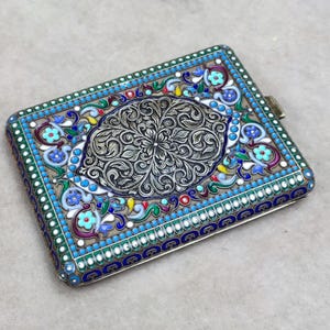 Estojo para cigarro Cloisonne Russo de Prata 18c, Fabergé, Dupla face, Icônico