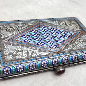 Estojo para cigarro Cloisonne Russo de Prata 18c, arte russa, prata imperial russa