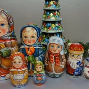 Two original sets of matryoshka dolls: Winter kids 5 seats and Christmas tree 5