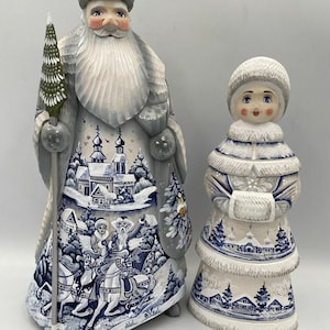 Santa Claus and Snow Maiden handmade from linden 11.8 inches