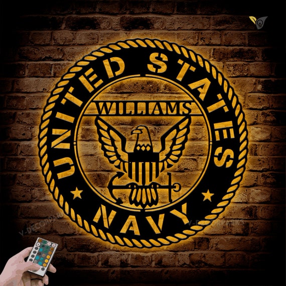 Personalized US Navy Bald Eagle Metal Sign with LED Lights, Custom Military Ma.rine Army Metal Wall Art For Veterans Day Gift