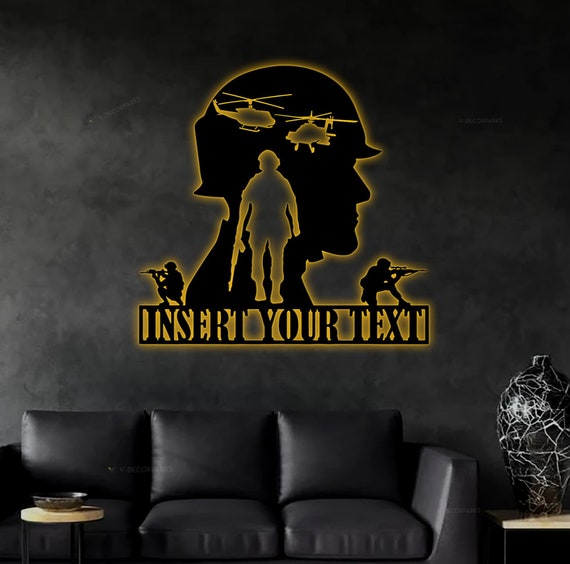Personalized Army Soldiers Silhouette Metal Sign With LED Lights, Custom US Veteran Name Sign Decor, Veterans Day Gift, Military Metal Art