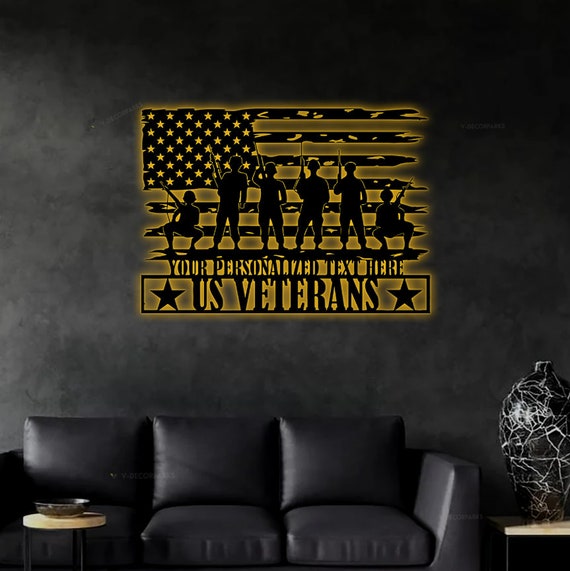 Custom US Veterans Flag Metal Sign With LED Lights, Personalized American Army Name Sign Decor, US Soldier Military Metal, American Veteran