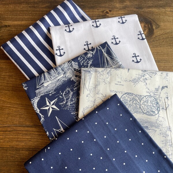 Nautical theme fabric set, navy blue and white quilt quality fabric, five 1/2 yard pieces coordinating fabric