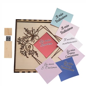 Scatola Album Fotografico con Pennetta USB in Legno Incisione sul Coperchio