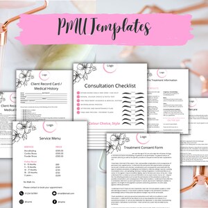 Puede incluir: Un conjunto de plantillas imprimibles para artistas de maquillaje permanente. Las plantillas incluyen una tarjeta de registro del cliente, una lista de verificación de consulta, información previa al tratamiento, un menú de servicios, una elección de color, un estilo y un formulario de consentimiento para el tratamiento. Las plantillas presentan un diseño floral y la palabra "Logo" en un círculo.
