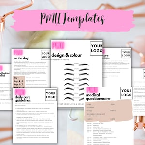 Puede incluir: Un conjunto de plantillas imprimibles rosas y blancas para artistas de maquillaje permanente. Las plantillas incluyen una lista de verificación de consulta, pautas de cuidado diario, opciones de diseño y color, y un cuestionario médico. Las plantillas son personalizables con tu logotipo.