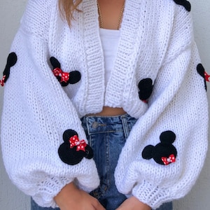 Hand-Knit Mickey Mouse Cardigan - White Oversized Crop Sweater