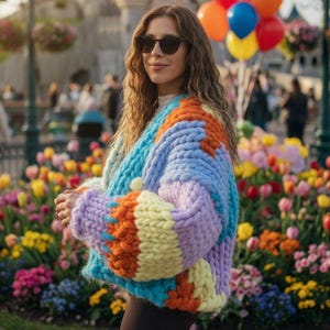 手編みのチャンキーニットカーディガン、オーバーサイズクロップドセーター、レインボーパッチワークウールジャケット