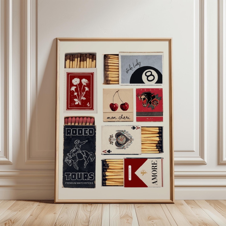 May include: A collage of matchboxes with various designs, including a cowboy riding a horse, a heart with playing cards, cherries, a panther, a billiard ball, and flowers. The matchboxes are arranged in a grid pattern and have a vintage aesthetic.