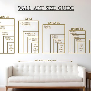 May include: A wall art size guide with different ratios and measurements in inches and centimeters. The guide shows the dimensions of various sizes of wall art, including 2:3, 4:5, and 3:4 ratios. The guide also includes standard paper sizes like A1, A2, A3, and A4. The guide is displayed on a white wall with a white sofa in the foreground.