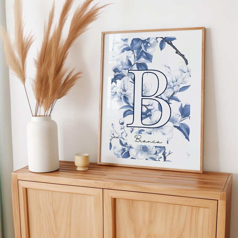 Blue Personalized Letter Chinoiserie Wall Art, Custom White Letter