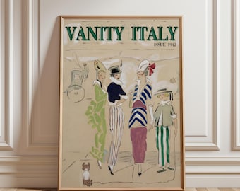 Puede incluir: Una portada de revista vintage para Vanity Italy, edición de 1942, con un grupo de mujeres con sombreros y ropa elegantes, de pie frente a un fondo marrón claro.