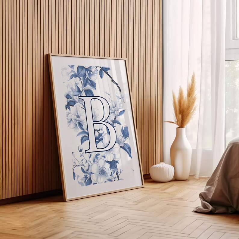 Blue Personalized Letter Chinoiserie Wall Art, Custom White Letter
