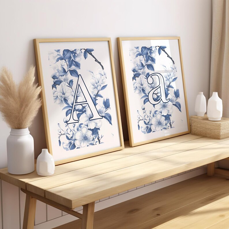Blue Personalized Letter Chinoiserie Wall Art, Custom White Letter