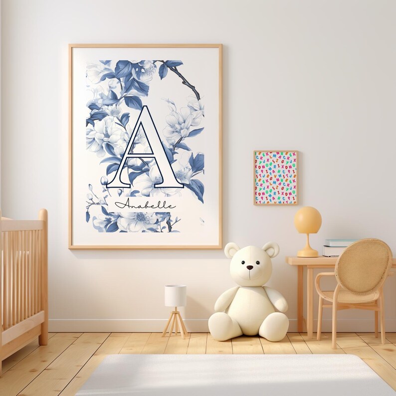 Blue Personalized Letter Chinoiserie Wall Art, Custom White Letter