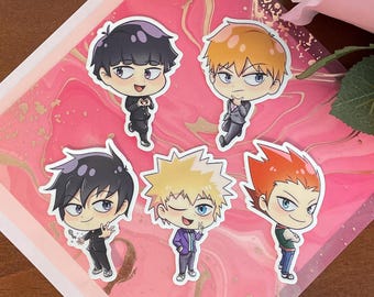 Mob Psycho Stickers | Shigeo Ritsu Reigen Teruzaki Sho Kawaii Vinyl Matte Stickers | Waterproof and Dishwasher Safe