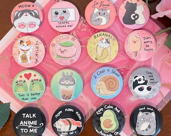 Anime and Cats Button Pins | Kawaii Decor | Glossy | Plastic Backing